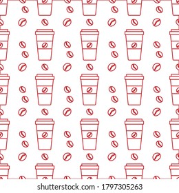 Vector coffee seamless pattern Illustration Repeated background with paper coffee cups. Morning. Take away. Concept for cafe, bistro, bars menu card. Food and drink design for wrapping, textile, print