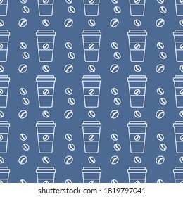 Vector coffee seamless pattern Illustration Repeated background with paper coffee cups. Morning. Take away. Concept for cafe, bistro, bars menu card. Food and drink design for wrapping, textile, print