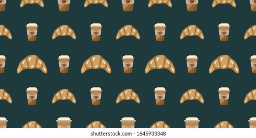 Vector coffee seamless pattern on a colored background. Takeaway coffee cups and fresh delicious croissants