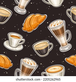 Vector Coffee sin fisuras, repetición de fondo con conjunto de ilustraciones cortadas variedad de bebidas de café en tazas claras y de porcelana sobre fondo oscuro, papel de envoltura decorativo para cafetería