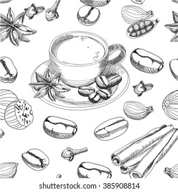 Vector coffee seamless pattern with spices. Black and white sketch.