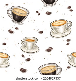 Vector Coffee seamless pattern, square repeating background with set of cut out illustrations variety coffee drinks in clear and porcelain cups on white background, wrapping paper for coffee shop