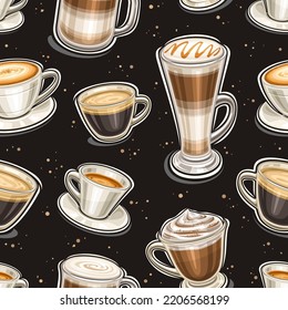 Vector Coffee seamless pattern, square repeating background with set of cut out illustrations different coffee drinks in clear and porcelain cups on black background, wrapping paper for coffee shop