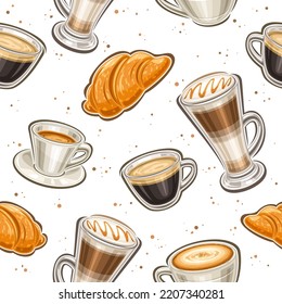 Vector Coffee seamless pattern, square repeating background with set of cut out illustrations various coffee drinks in transparent and porcelain cups, french croissant, wrapping paper for coffee shop