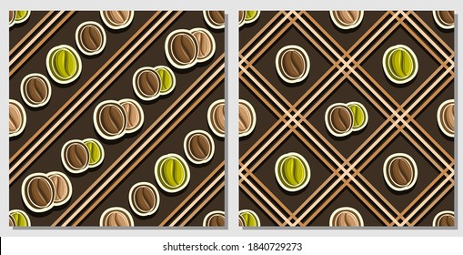 Vector Coffee Seamless Patterns, 2 square repeating coffee backgrounds, set of isolated illustrations of coffee beans on dark background, compatible seamless patterns with brown lines and lattice.