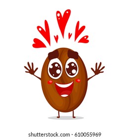 Vector coffee seed character. Many hearts. Isolated on white background. Cartoon style.