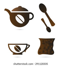 Vector coffee set, coffee can, spoons, coffee bag, coffee cup.