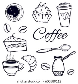 Vector coffee set: cezve, cup, spoon, sugar, coffee beans, cupcakes, paper cup. Sketch. Isolated image. For coffee shop, shops, web, print.