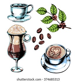 Vector coffee set with cup of espresso, cup of cappuccino, Latte in glass, coffee branch and coffee beans. Ink drawn illustration.