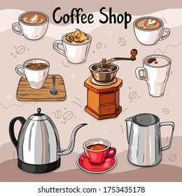 Vector coffee set. Cups of coffee, manual coffee grinder, milk pitcher and kettle.
