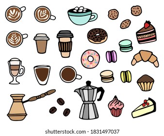 Vector coffee set with different drinks: cappuccino, espresso, hot chocolate; coffee makers: cezve, moka and desserts. Hand drawn, doodle elements isolated on white background