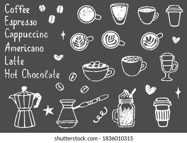 Vector coffee set with different drinks: cappuccino, espresso, latte, hot chocolate; coffee makers: cezve, moka and lettering. Hand drawn elements on chalkboard with chalk texture