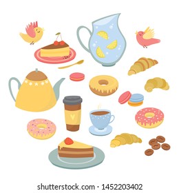 Vector coffee set, donut, croissants, coffee, tea. Cafe, bakery, items on a white background