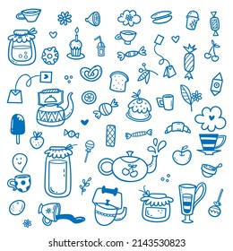 Vector coffee set. Doodle cafe collection. Cute print things food, drinks and utensils.