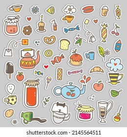 Vector coffee set. Doodle cafe colorful collection. Cute print things food, drinks and utensils.
