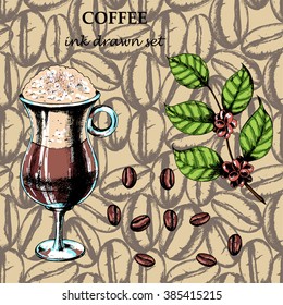 Vector coffee set with  Latte in glass, coffee branch and coffee beans. Ink drawn illustration.