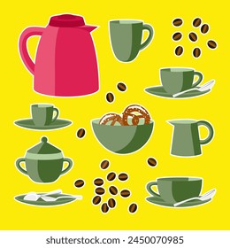 Vector - coffee set with pretzel coffee beans and spoons illustration.