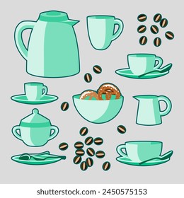 Vector - coffee set with pretzel coffee beans and spoons illustration.