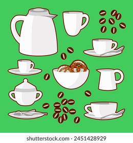 Vector - coffee set with pretzel coffee beans and spoons illustration.
