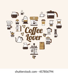 Vector Coffee set shape heart. Coffee lover set vector. Set of Vector Coffee Elements. Stylish coffee set of icons. Coffee drinks. coffee pots.