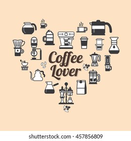 Vector Coffee set shape heart. Coffee lover set vector. Set of Vector Coffee Elements. Stylish coffee set of icons. Coffee drinks. coffee pots.