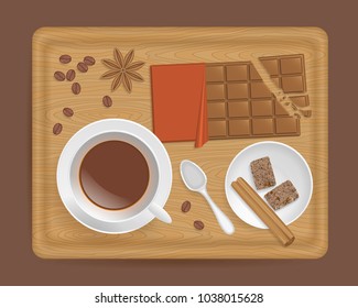 Vector coffee set with spices. Top view. Cup with coffee, saucer, spoon, star anise, cinnamon sticks, brown sugar, chocolate bar, coffee beans. View from above.