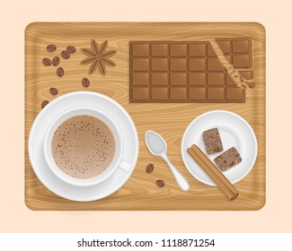 Vector coffee set with spices. Top view. Cup with coffee, saucer, spoon, star anise, cinnamon sticks, brown sugar, chocolate bar, coffee beans. View from above.