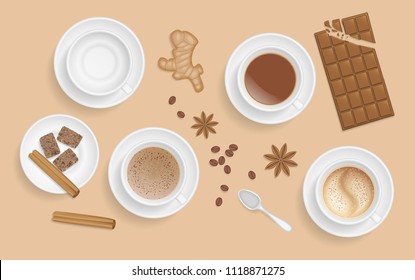 Vector coffee set with spices. Top view. Cup with coffee, saucer, spoon, star anise, cinnamon sticks, brown sugar, chocolate bar, coffee beans. View from above.