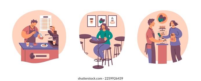Vector coffee shop barista and customers scene concepts collection. Young man barista pouring cream in coffee latte over counter. Woman gives money for coffee. Woman sits at the table with paper cup