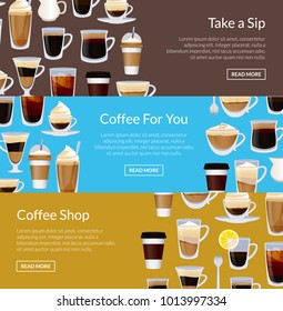 Vector coffee shop horizontal banner templates with different coffee cups illustration