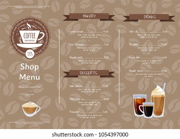 Vector coffee shop horizontal menu template. Illustration of cafe menu, espresso and coffee