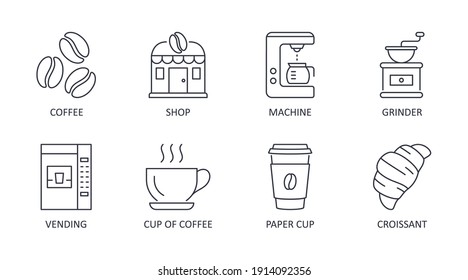 Vector coffee shop icons. Editable stroke. Sale of coffee beans building machine grinder vending paper cup dessert croissant. Linear stock illustration