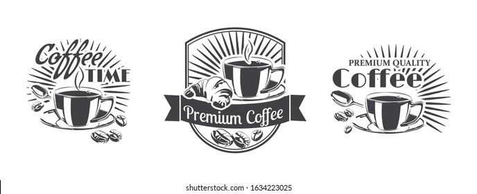 Vector the coffee shop. Logo with cup of tea, coffee and croissant. For your design
