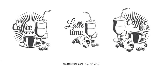 Vector the coffee shop. Logo with cup of coffee, latte and croissant. For your design