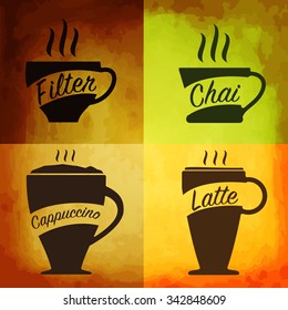 Vector coffee shop menu elements including filter coffee, chai, cappuccino and latte