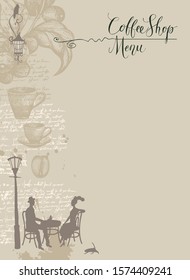 Vector Coffee Shop menu with handwritten inscriptions and place for price list in retro style. Abstract background with unreadable scribbles, coffee spots and couple in love at the street cafe