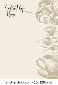Vector Coffee Shop menu with pencil drawings and a place for price list. Hand drawn cups, sprig of coffee tree, coffee beans and inscriptions on abstract background with unreadable script and blots