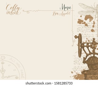 Vector coffee shop menu with a place for the price list, with a hand-drawn coffee grinder, clock, dragonfly and handwritten inscriptions on a light abstract background with illegible notes and blots