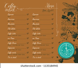 Vector Coffee shop menu with the price list, pencil drawings of a Cup of coffee, dragonfly, coffee beans and handwritten inscriptions on abstract background of old manuscript with spots in retro style