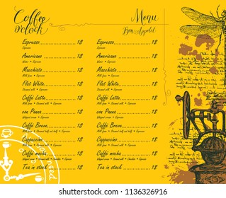 Vector Coffee shop menu with price list with pencil drawing of retro coffee grinder, dragonfly and handwritten inscriptions on the abstract background of old manuscript with spots in retro style