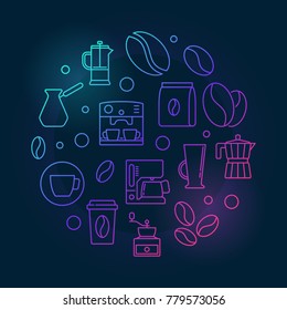 Vector coffee shop round colored symbol or illustration in thin line style on dark background