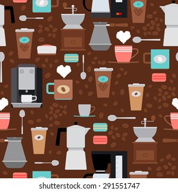 Vector coffee shop seamless pattern. Background with coffee maker and coffee beans