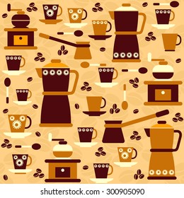 Vector coffee shop seamless pattern. Background with coffee maker and coffee beans