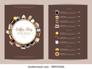 Plantilla de menú vertical de la cafetería vectorial. Menú de café wi bebe taza espresso y cappuccino ilustración