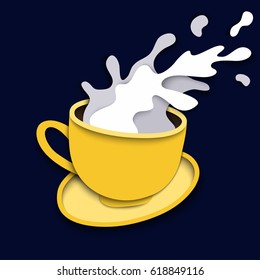 Vector Coffee Splashing Out Of Falling Mug With Plate. Coffee Milk Splash. Realistic Digital Paper Cut Illustration