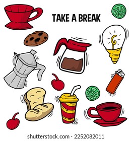 vector coffee sticker set. coffee doodles
