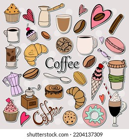 Vektor-Kaffeeaufkleber-Paket im handgezeichneten Doodstyle