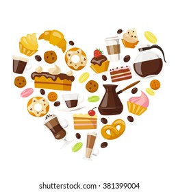 Vector coffee and sweets icons. Flat coffee icons. Food and drink elements. Breakfast icons. Heart Shape. 