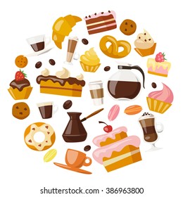 Vector coffee and sweets icons. Flat coffee icons. Food and drink elements. Breakfast icons. 