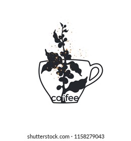 Vector coffee symbol. Frame of cup, shape of branch, bean, grain Art logo, label, nature sticker on white background Organic product, simple design Floral card for menu, aroma tropical drink, bio food